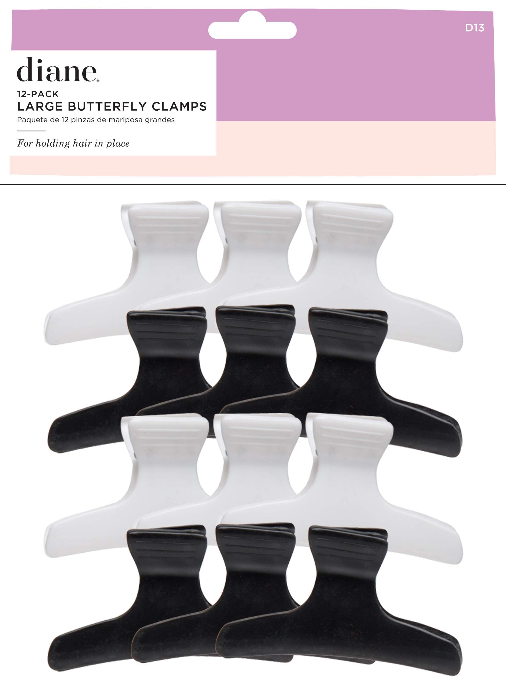 Diane Large Butterfly Clamps for Sectioning, Haircutting, Blow Drying, Butterfly Hair Clips for Women and Girls, 3.25”, Black and White (12 Pack)